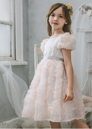 Short Sleeves Pink Dotted Tulle V Back Flower Girl Dress